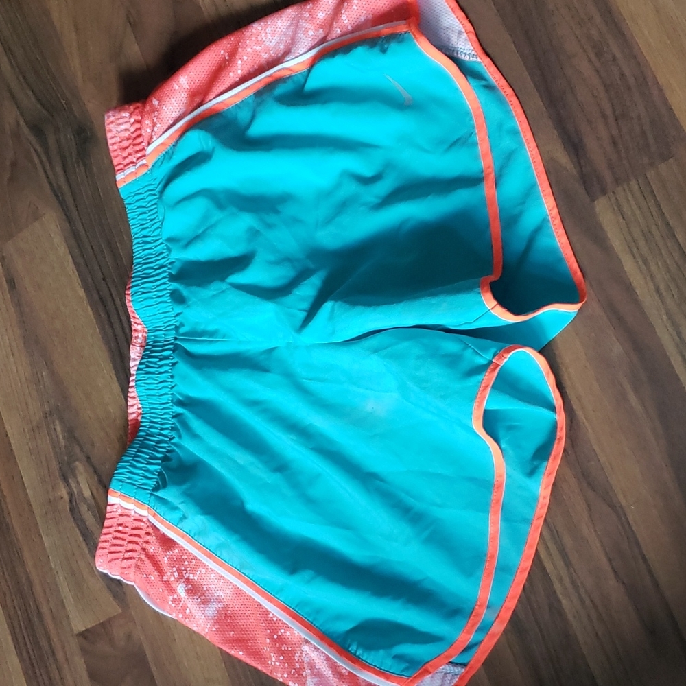 Women's Nike Dri-Fit shorts Dark Mint Green with Orange trim